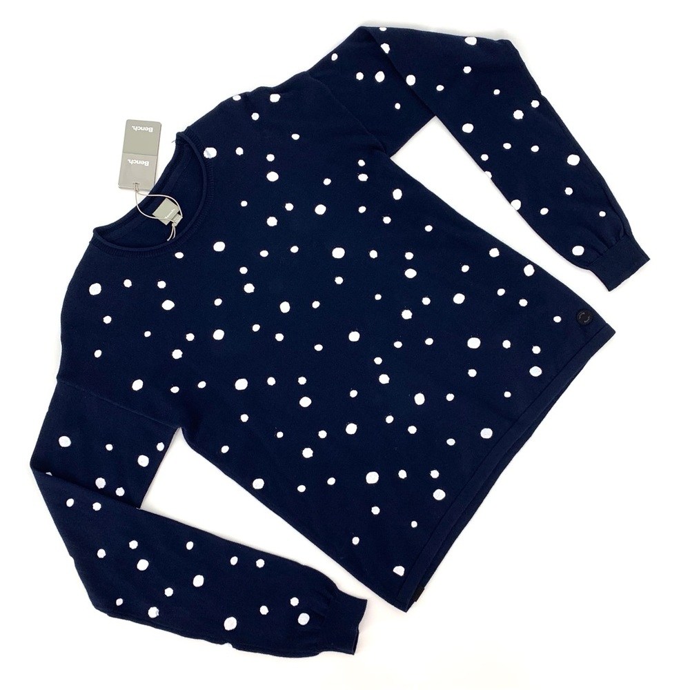 Bench NWT Navy with White Polka Dots Long Sleeve Crew Neck Cotton Sweater, 16